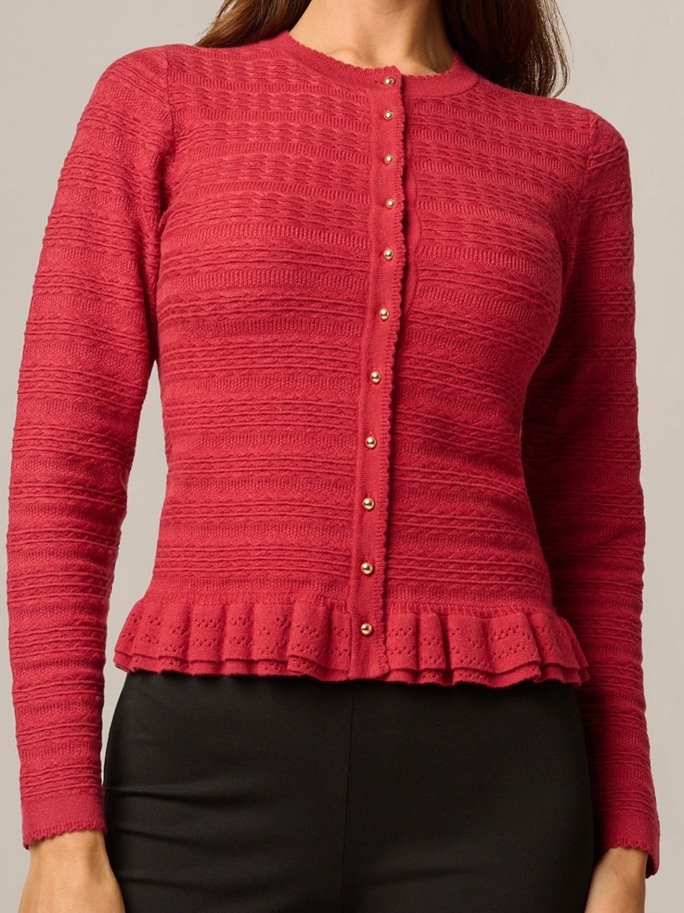 Women’s Red Knit Button-Front Peplum Cardigan